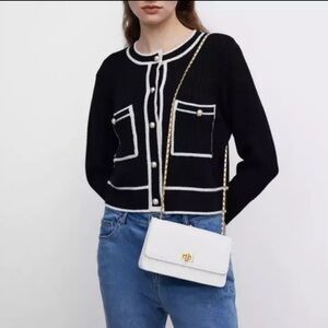 Urban Revivo Contrast Trim Tweed Cardigan Pearl Tennis Black White Small / 4